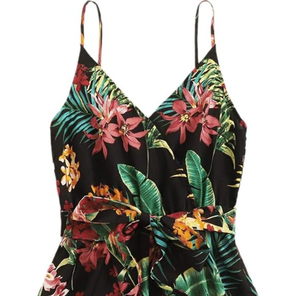 SweatyRocks Women's Floral Wrap V Neck Belted Jumpsuit Romper, XS